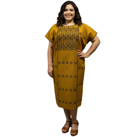 Vestido/Huipil Hecho a Mano Mod. Amuzgo 3 Tiras Mostaza con Negro Unitalla.