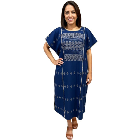Vestido/Huipil Hecho a Mano Mod. Amuzgo 3 Tiras Azul Marino con Caqui Unitalla.