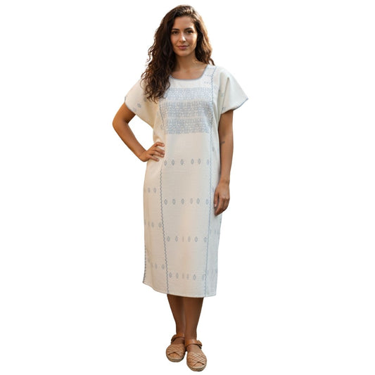 Vestido/Huipil Hecho a Mano Beige con Gris Mod. Amuzgos Tradicional Unitalla
