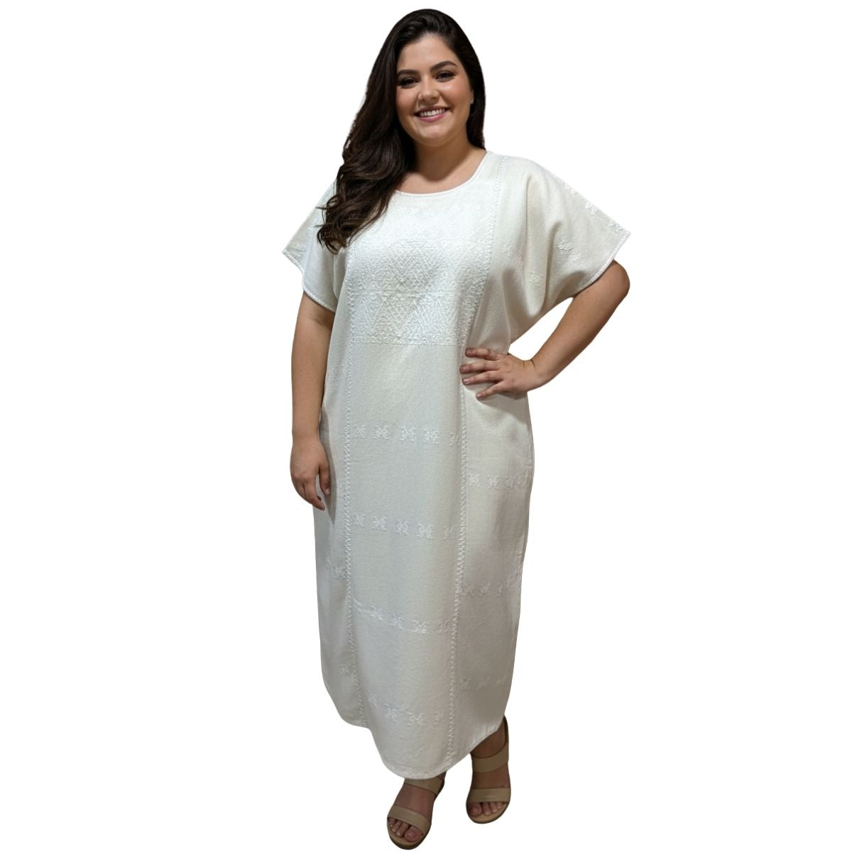 Vestido/Huipil Hecho a Mano Mod. Amuzgos Tradicional Beige con Blanco Unitalla.