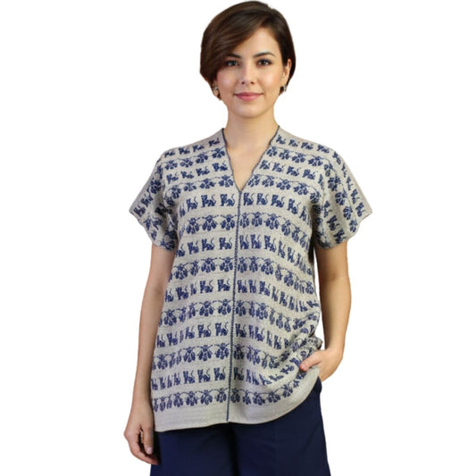 Blusa Artesanal Hecha a Mano Caqui con Azul Marino. Mod. Bio Unitalla.