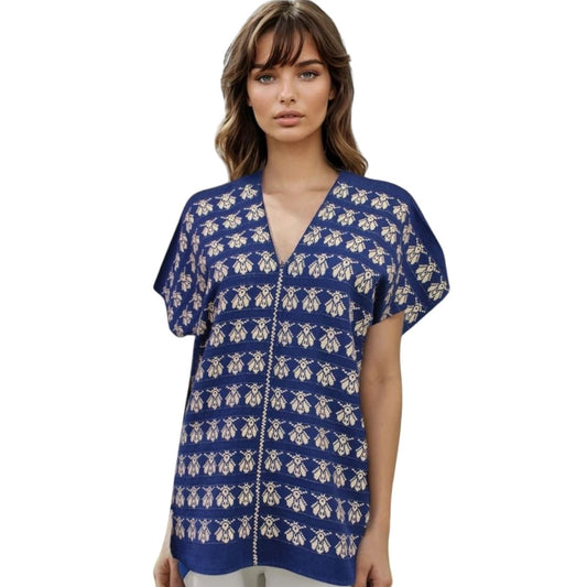Blusa Artesanal Hecha a Mano Mod. Bio Unitalla Marino con Caqui