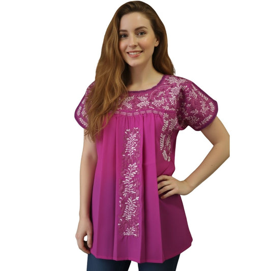 Blusa Bordada a Mano Rosa con Palo de Rosa y Blanco Mod. San Antonino Unitalla.
