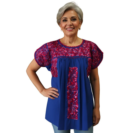 Blusa Bordada a Mano Azul Rey con Fiusha Matizado Mod. San Antonino Unitalla.