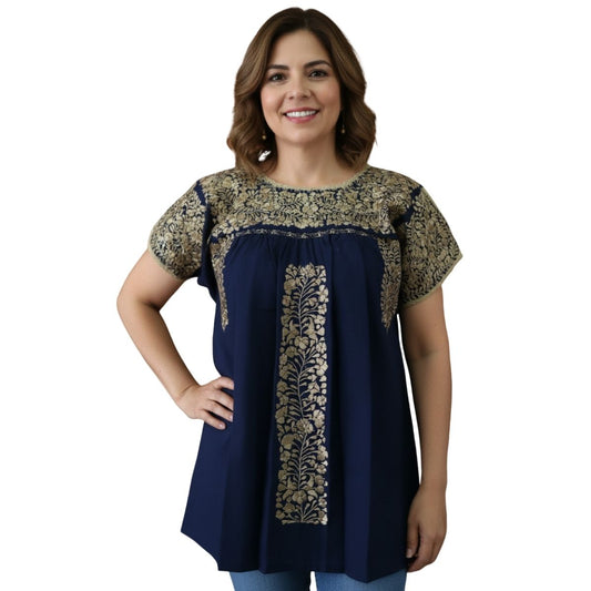Blusa Bordada a Mano Azul Marino con Dorado Mod. San Antonino Unitalla