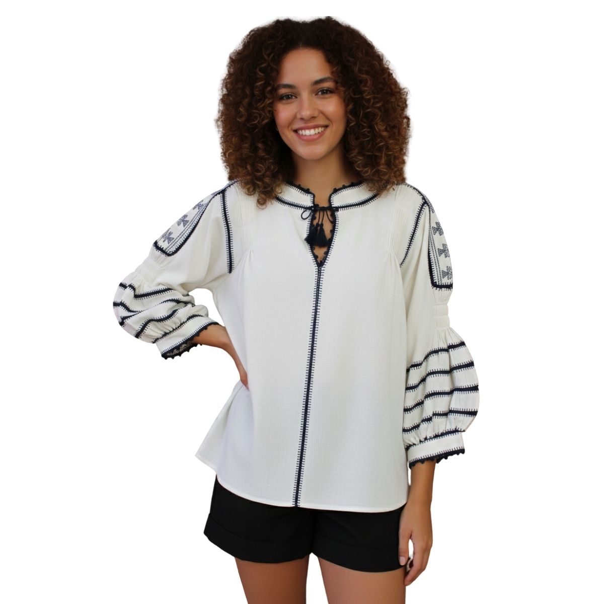 Blusa Tejida a Mano Mod. Bárbara Unitalla Beige con Negro