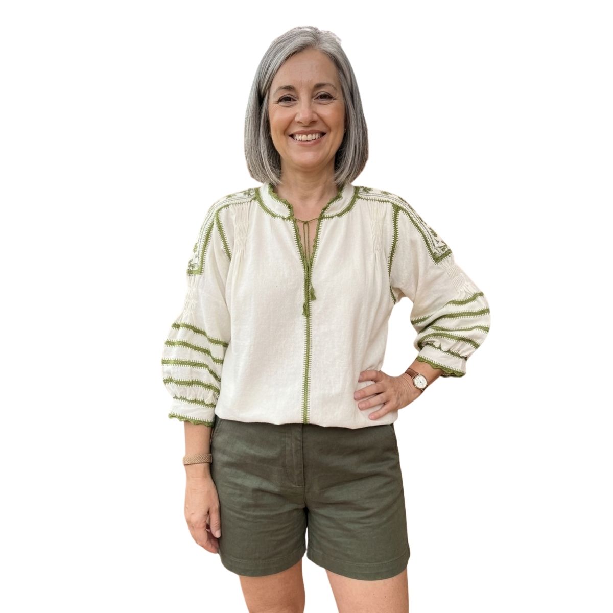 Blusa Tejida a Mano Mod. Bárbara Unitalla Beige con Olivo.