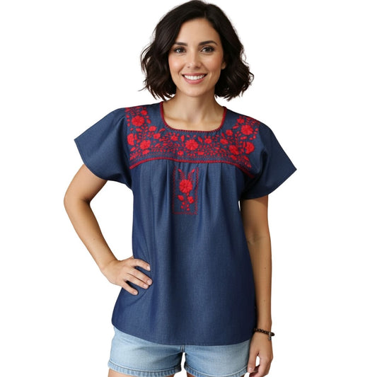 Blusa Bordada a Mano Mod. Donají Mezclilla.