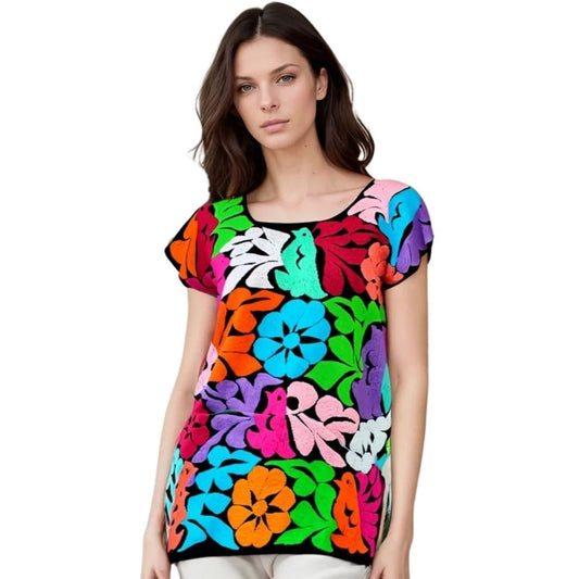 Blusa Bordada a Mano Mod. Jalapa Negro/multicolor 3 Unitalla.
