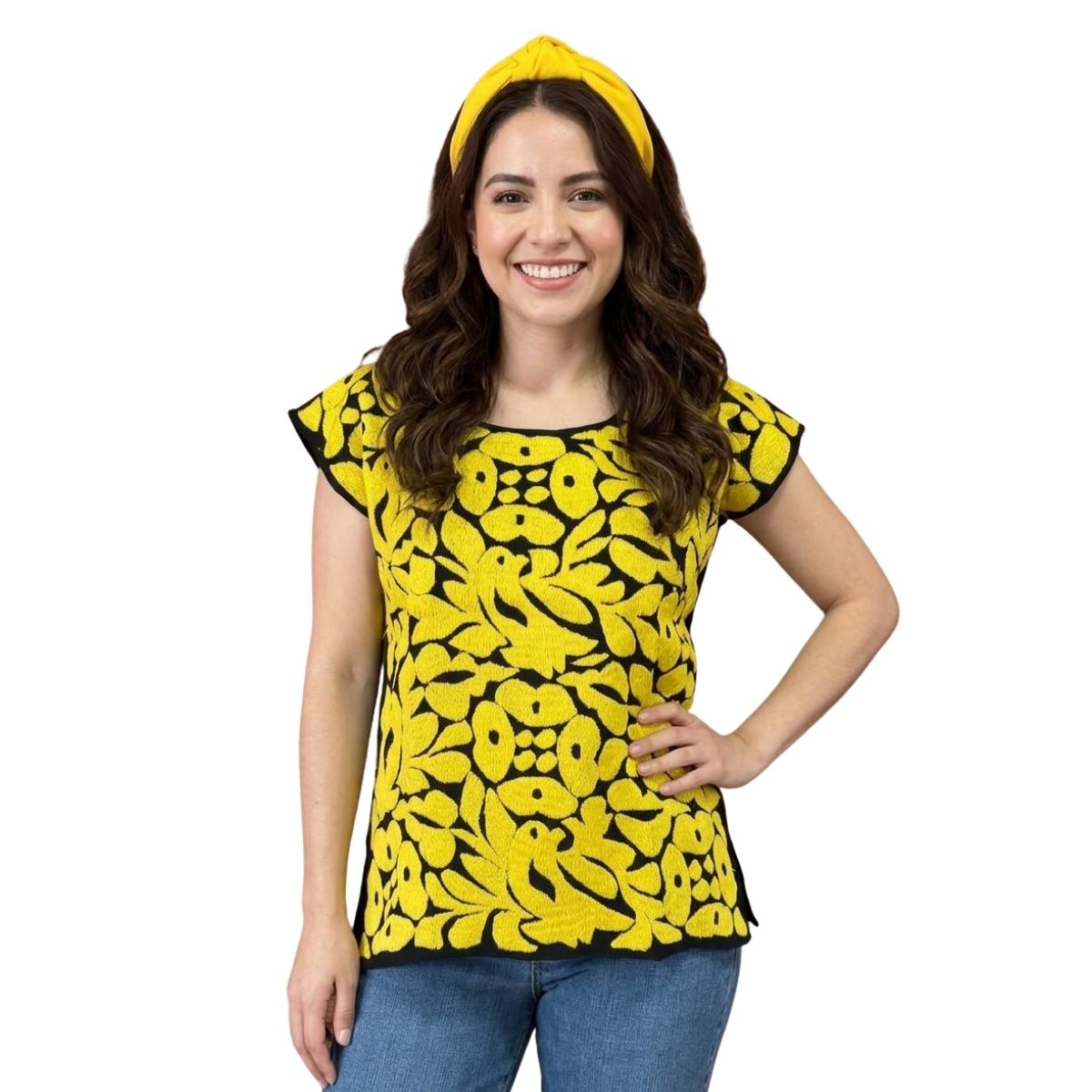 Blusa Bordada a Mano Mod. Jalapa Unitalla Amarillo.