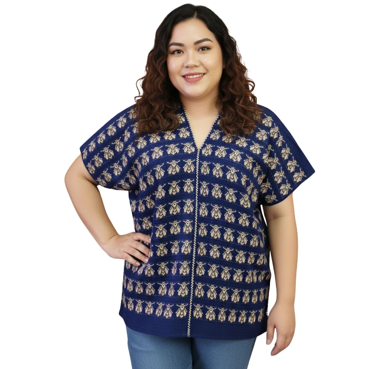 Blusa Artesanal Hecha a Mano Mod. Bio Unitalla Marino con Caqui