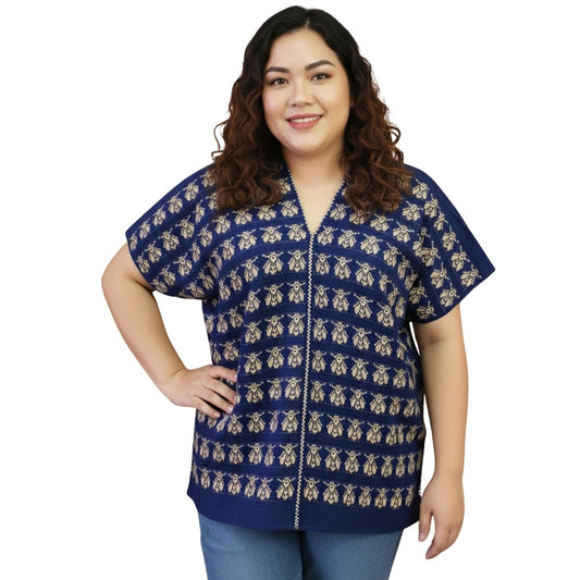 Blusa Artesanal Hecha a Mano Mod. Bio Unitalla Marino con Caqui