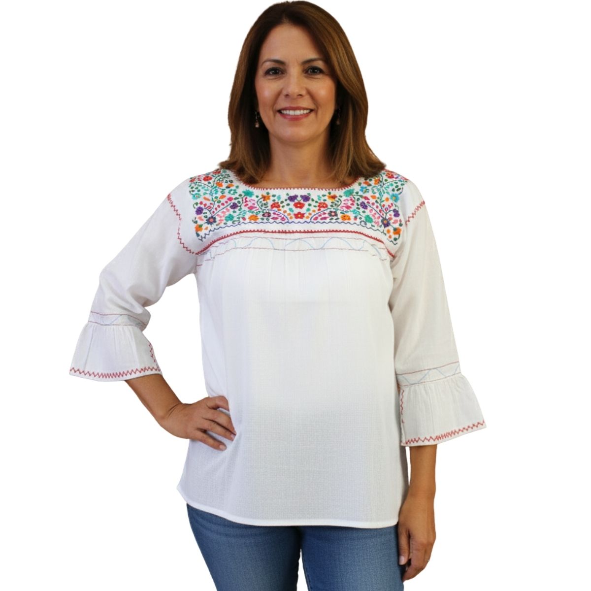 Blusa Mexicana Bordada a Mano Multicolor Manta Blanca Mod. Diana