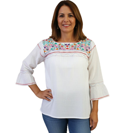 Blusa Mexicana Bordada a Mano Multicolor Manta Blanca Mod. Diana