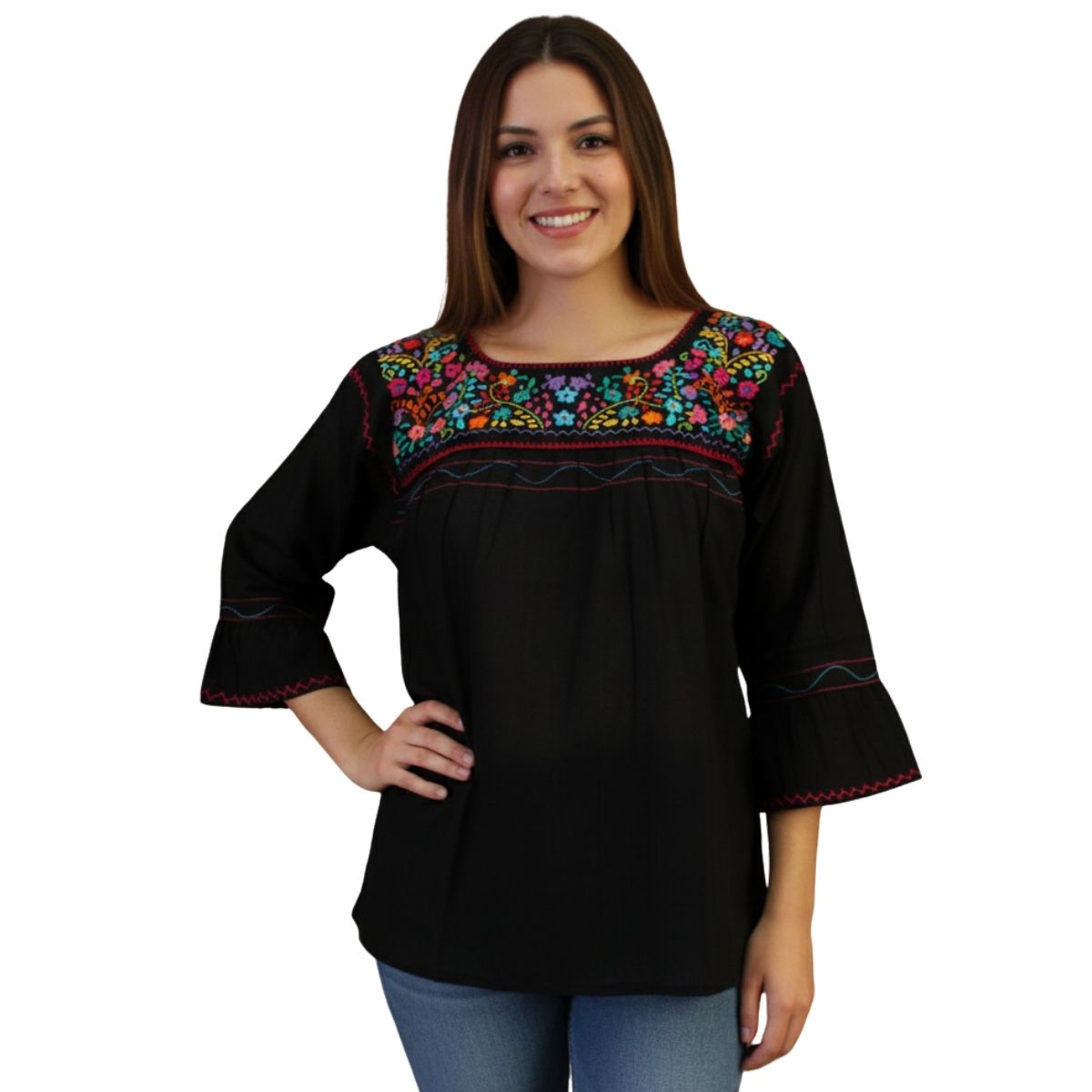 Blusa Mexicana Bordada a Mano Multicolor Manta Negro Mod. Diana.