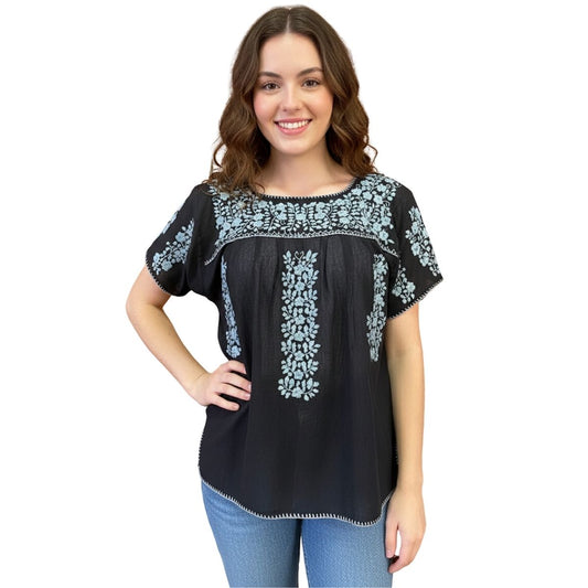Blusa Bordada a Mano Manta Corrugada Negro Mod. Ita