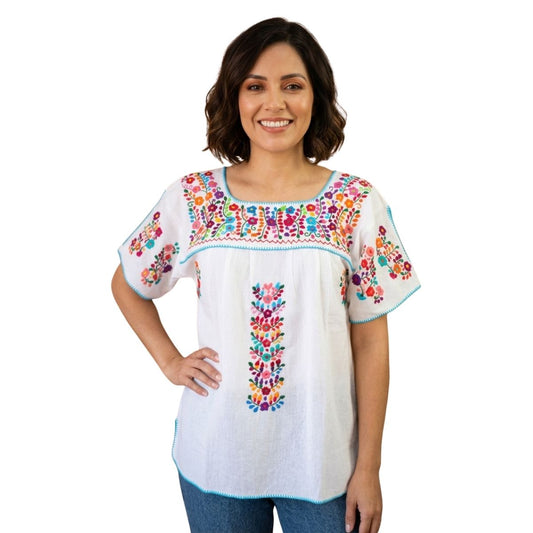 Blusa Bordada a Mano Tela Blanco & Negro Bordado Multicolor Mod. Ita