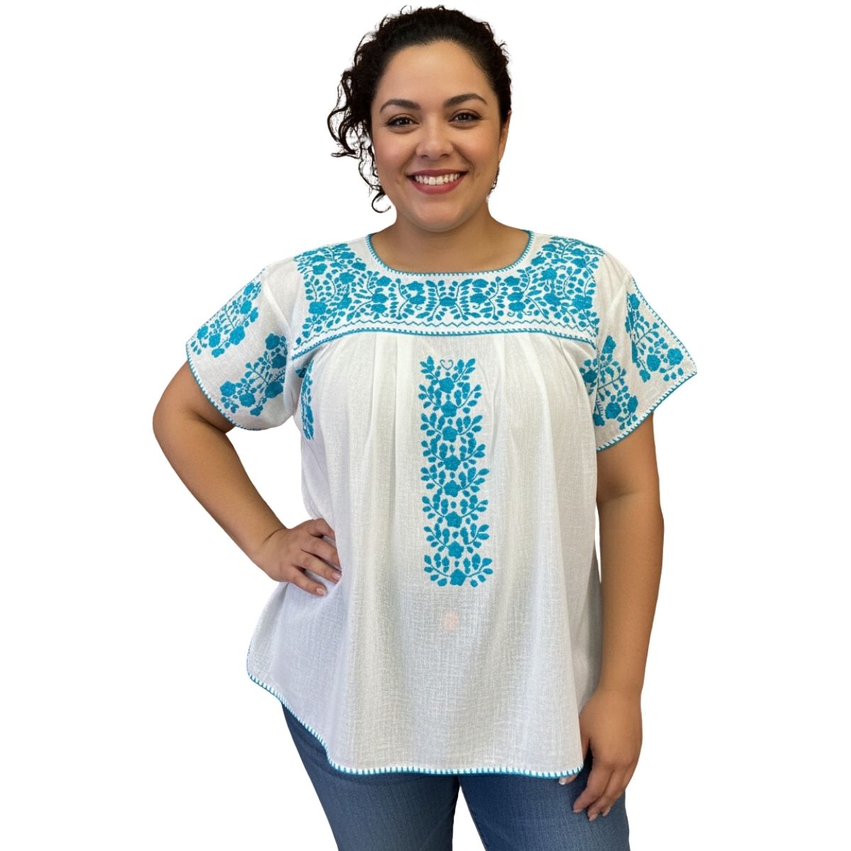 Blusa Bordada a Mano Blanca con Bordado Turquesa Mod. Ita.