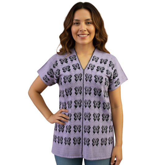 Blusa Hecha a Mano Lila con Negro Mod. Mixe 2 Lienzos Unitalla.