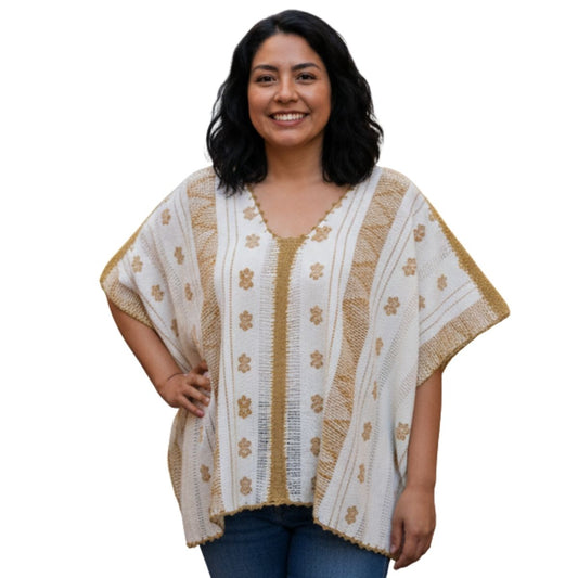 Blusa/Blusón Hecha en Telar Mod. Paloma Beige/Mostaza Unitalla.