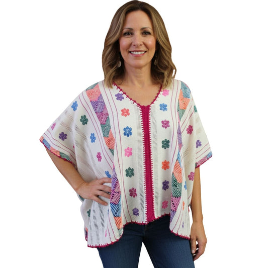 Blusa/Blusón Hecha en Telar Mod. Paloma Beige/Multicolor Unitalla.