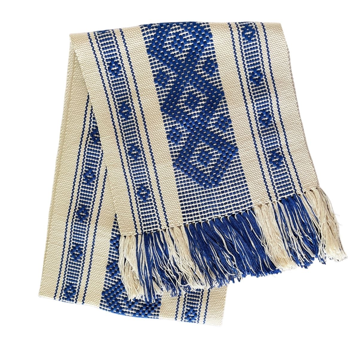 CAMINO DE MESA Beige con Azul Rey Hecho en Telar de Cintura.
