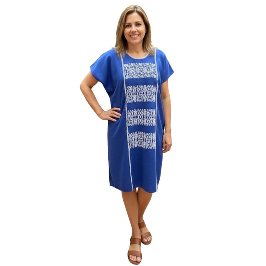 Vestido/Huipil Hecho a Mano Azul Rey con Blanco Mod. Cotzocón Unitalla.