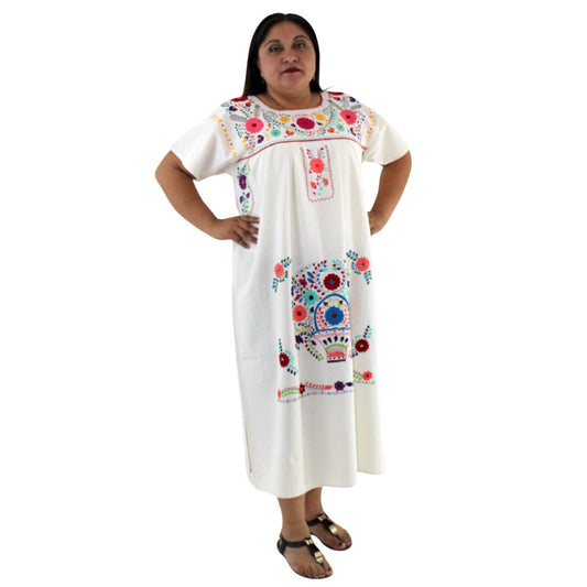 Vestido Mexicano Manta Bordado a Mano Talla L