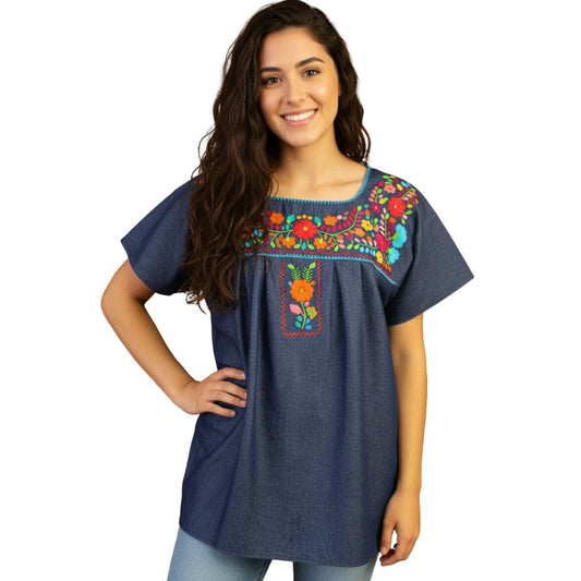 Blusa Bordada a Mano Multicolor Mod. Donají Mezclilla