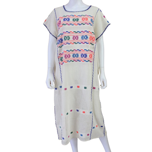 Vestido Hecho a Mano Mod. Amuzgo Beige con Brocados Multicolor Unitalla.