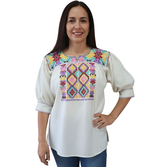 Blusa Bordada a Mano Mod. Ejutla Bordado Multicolor 2 Unitalla.