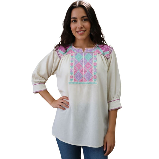 Blusa Bordada a Mano Mod. Ejutla Bordado Multicolor Pastel Unitalla.