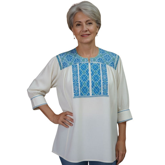 Blusa Bordada a Mano Mod. Ejutla Bordado Turquesa con Verde Unitalla.