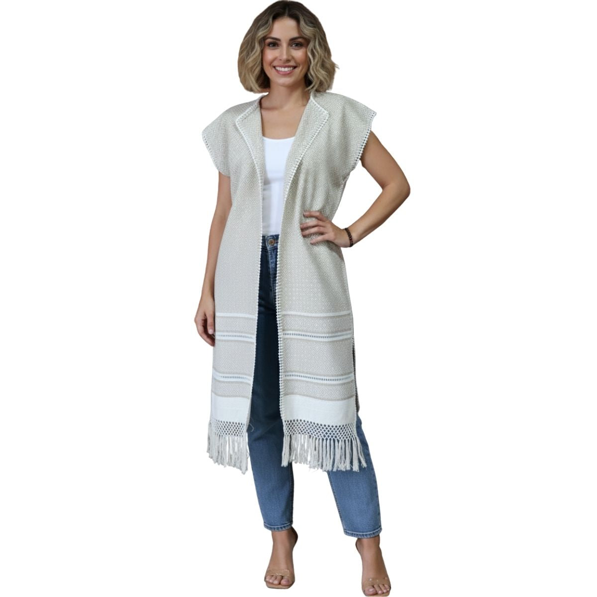 Chaleco Artesanal Hecho en Telar Beige con Caqui Unitalla.