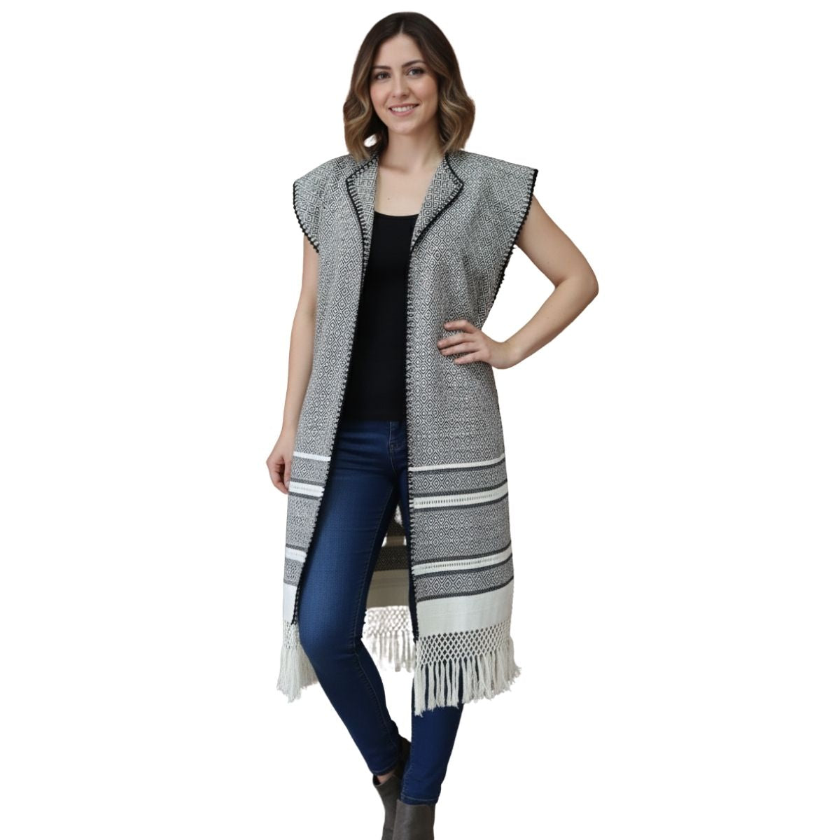 Chaleco Artesanal Hecho en Telar Beige con Negro Unitalla.