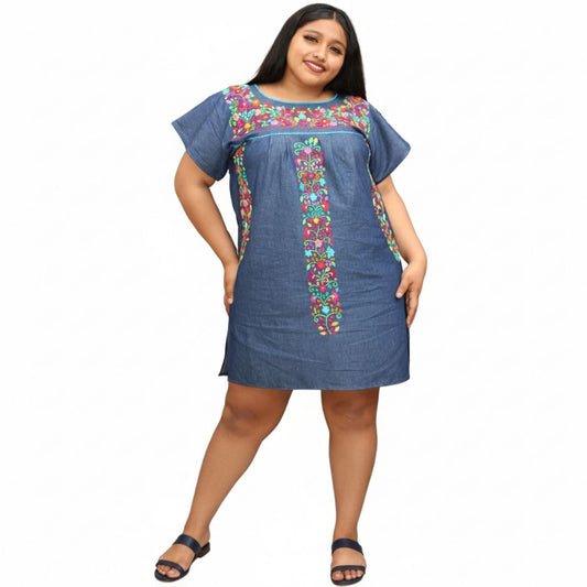 Vestido Mexicano Bordado a Mano Mod. Florecita Mezclilla
