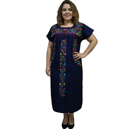 Vestido Mexicano Bordado a Mano Multicolor Mod. Florecita Popelina Talla Grande