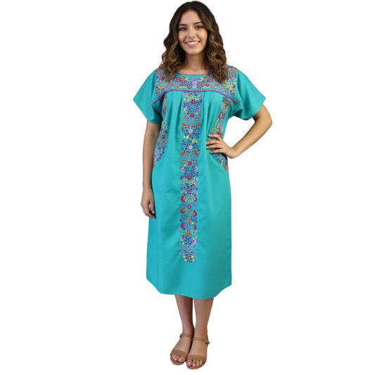 Vestido Mexicano Bordado a Mano Multicolor Mod. Florecita Popelina Talla Chica.