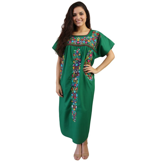 Vestido Mexicano Bordado a Mano Multicolor Mod. Florecita Popelina Talla Chica.