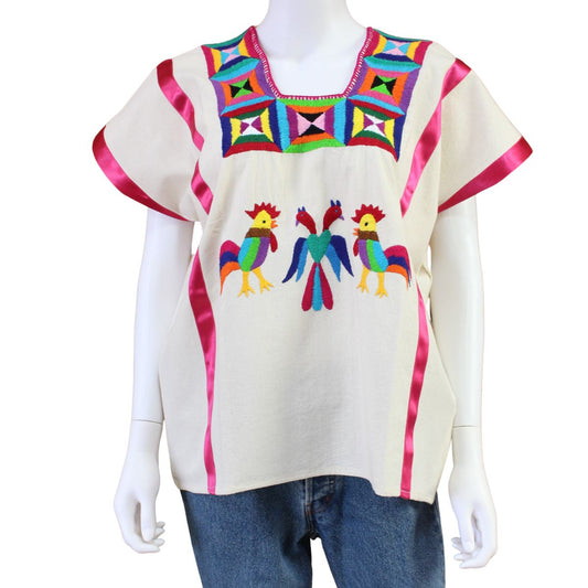 Blusa Artesanal Bordada a Mano Multicolor Mod. Huazolo 1 Listón Manta Unitalla.
