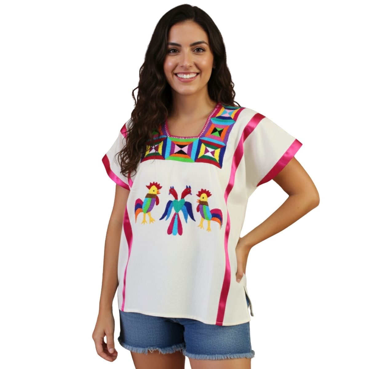 Blusa Artesanal Bordada a Mano Multicolor Mod. Huazolo 1 Listón Manta Unitalla.
