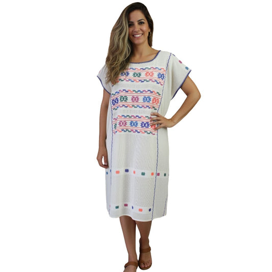 Vestido Hecho a Mano Mod. Amuzgo Beige con Brocado Multicolor Unitalla.