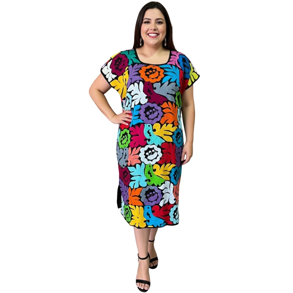 Vestido/Huipil Bordado a Mano Negro con Multicolor Mod. Jalapa