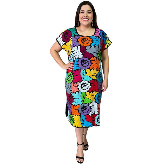 Vestido/Huipil Bordado a Mano Negro con Multicolor Mod. Jalapa