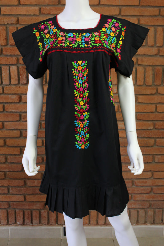 Vestido Mexicano Bordado a Mano Mod. Orquidea Popelina Talla M. (Multicolores)