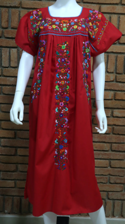 Vestido Mexicano Bordado a Mano Mod. Florecita Popelina Talla Mediana
