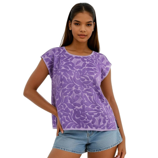 Blusa Bordada a Mano Lila con Morado Mod. Jalapa Unitalla.
