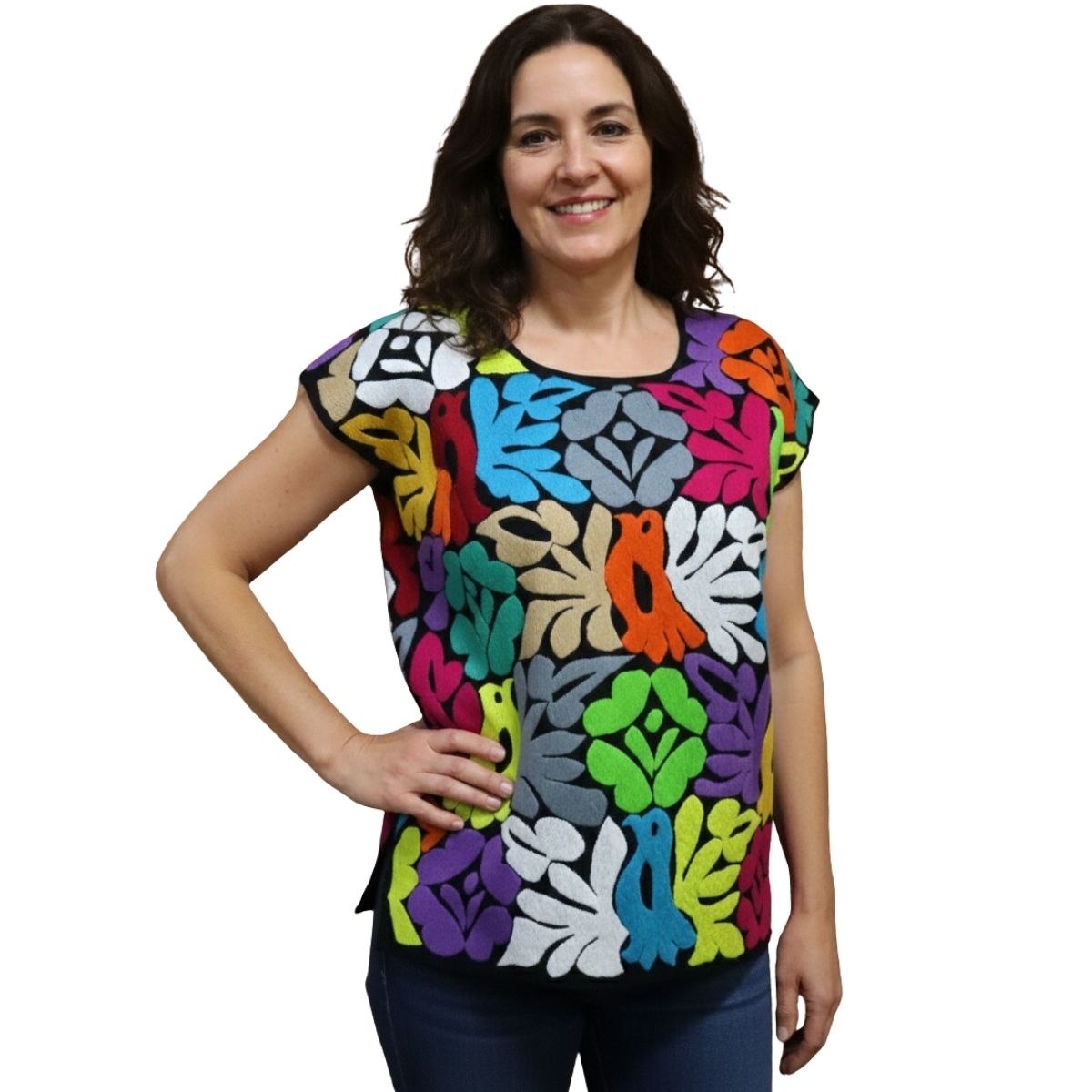 Blusa Bordada a Mano Mod. Jalapa Unitalla Negro con Multicolor 4.