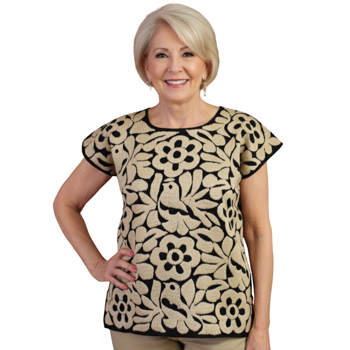 Blusas Bordada a Mano Negro con Caqui Mod. Jalapa Unitalla.