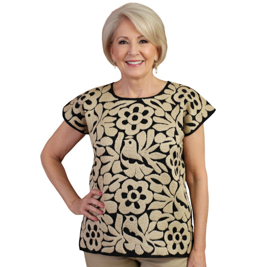 Blusas Bordada a Mano Negro con Caqui Mod. Jalapa Unitalla.